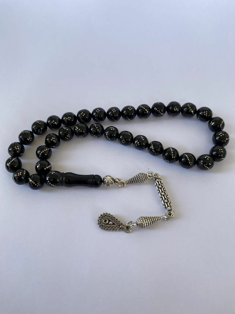 Tesbih TSBH0272HK 925 Ayar Gümüş Püsküllü Gümüş İşlemeli Küre Kesim Erzurum Oltu Taşı Tesbih