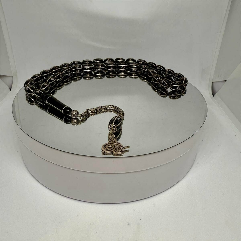 Tesbih Tsbh0234Bc 925 Ayar Tuğra Gümüş Püsküllü Gümüş İşlemeli Kapsül Kesim Usta El İşçilikli Erzurum Oltu Tesbih