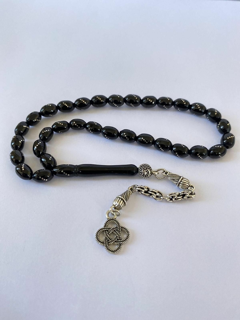 Tesbih TSBH0273HK 925 Ayar Gümüş Püsküllü Gümüş İşlemeli Beyzi Kesim Erzurum Oltu Taşı Tesbih