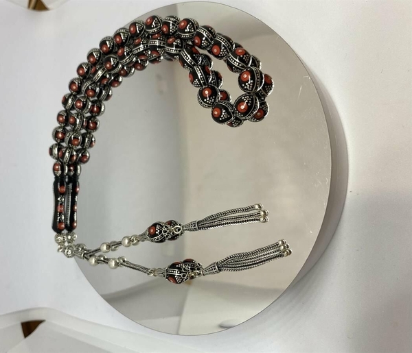 Tesbih Tsbh0109Bc 925 Ayar Gümüş Püsküllü Gümüş-Mercan İşlemeli Küre Kesim Usta El İşçilikli Erzurum Oltu Tesbih