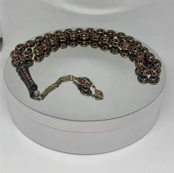 Tesbih Tsbh0222Bc 925 Ayar Gümüş Püsküllü Gümüş-Mercan İşlemeli Beyzi Kesim Usta El İşçilikli Erzurum Oltu Tesbih
