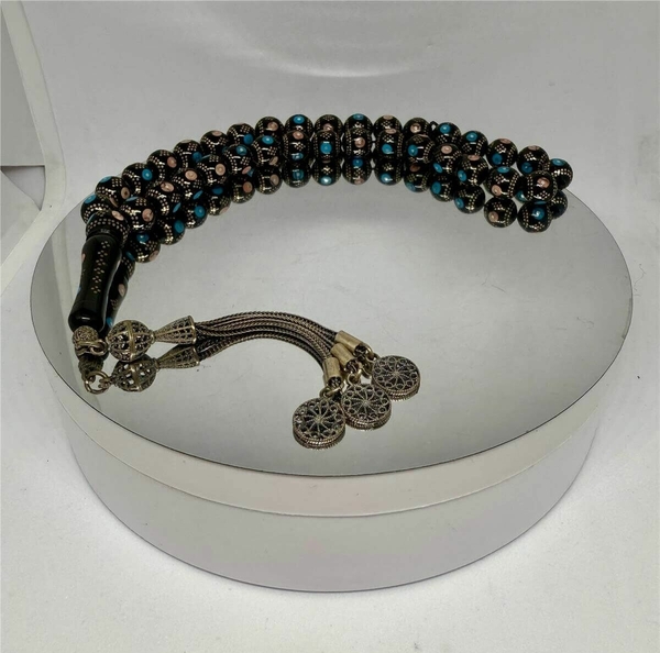 Tesbih Tsbh0224Bc 925 Ayar Gümüş Püsküllü Gümüş-Mercan İşlemeli Küre Kesim Usta El İşçilikli Erzurum Oltu Tesbih