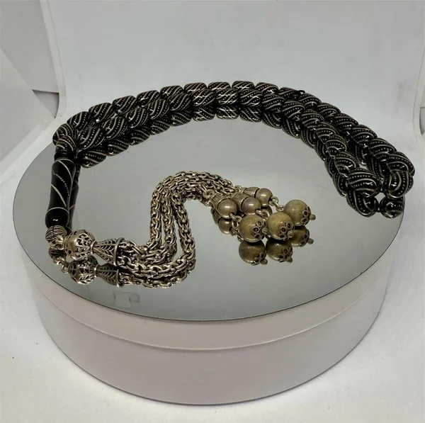 Tesbih Tsbh0060Ah 925 Ayar Arnavut Gümüş Püsküllü Gümüş İşlemeli Kapsül Kesim Usta El İşçilikli Erzurum Oltu Tesbih